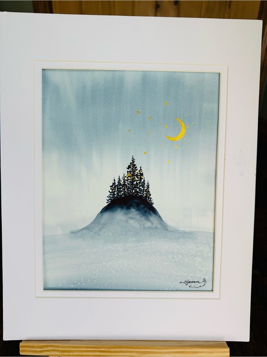 Other - Handmade New Watercolor Painting: Moon over a Hill
